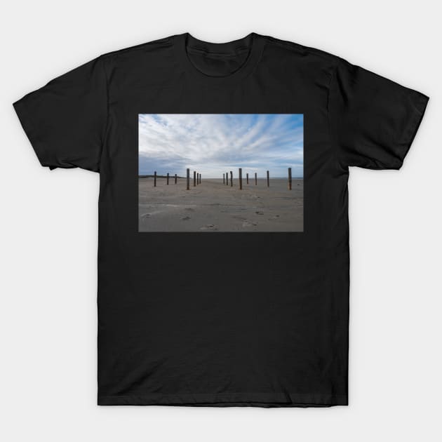 Wooden poles on the beach of Schiermonnikoog, Netherlands T-Shirt by Dolfilms